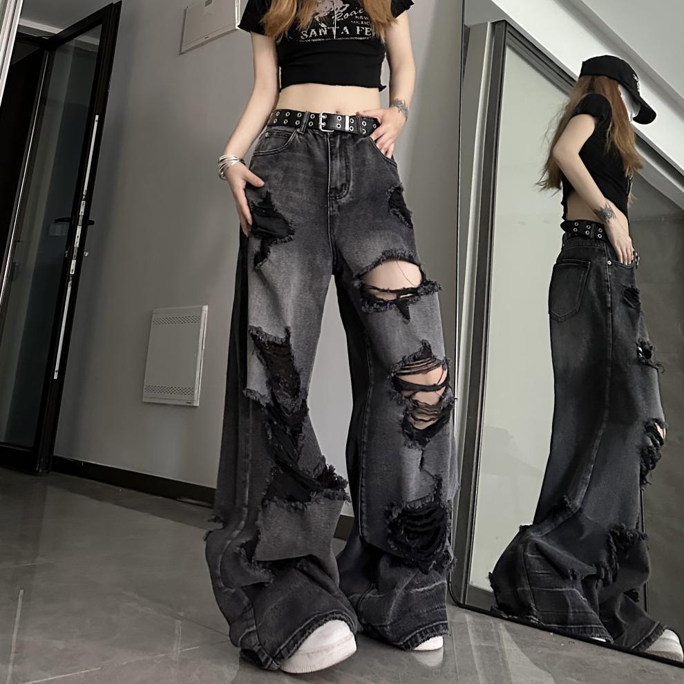 Dark black denim ripped wide leg jeans - Blackthorn 31