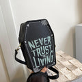 Blackthorn 31 graffiti printed vertical small square goth style bag with dark, bold graffiti design on black fabric.