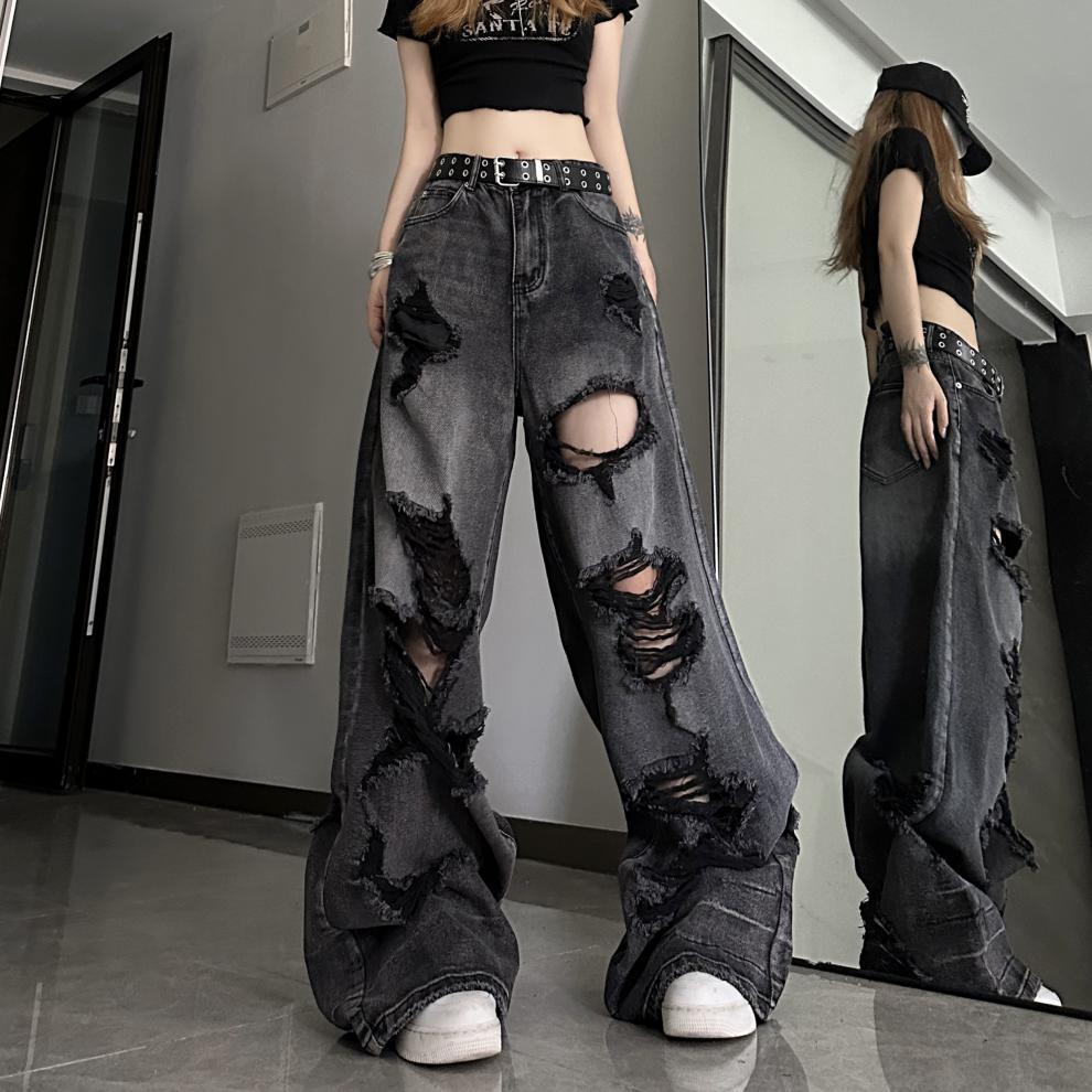 Dark black denim ripped wide leg jeans - Blackthorn 31