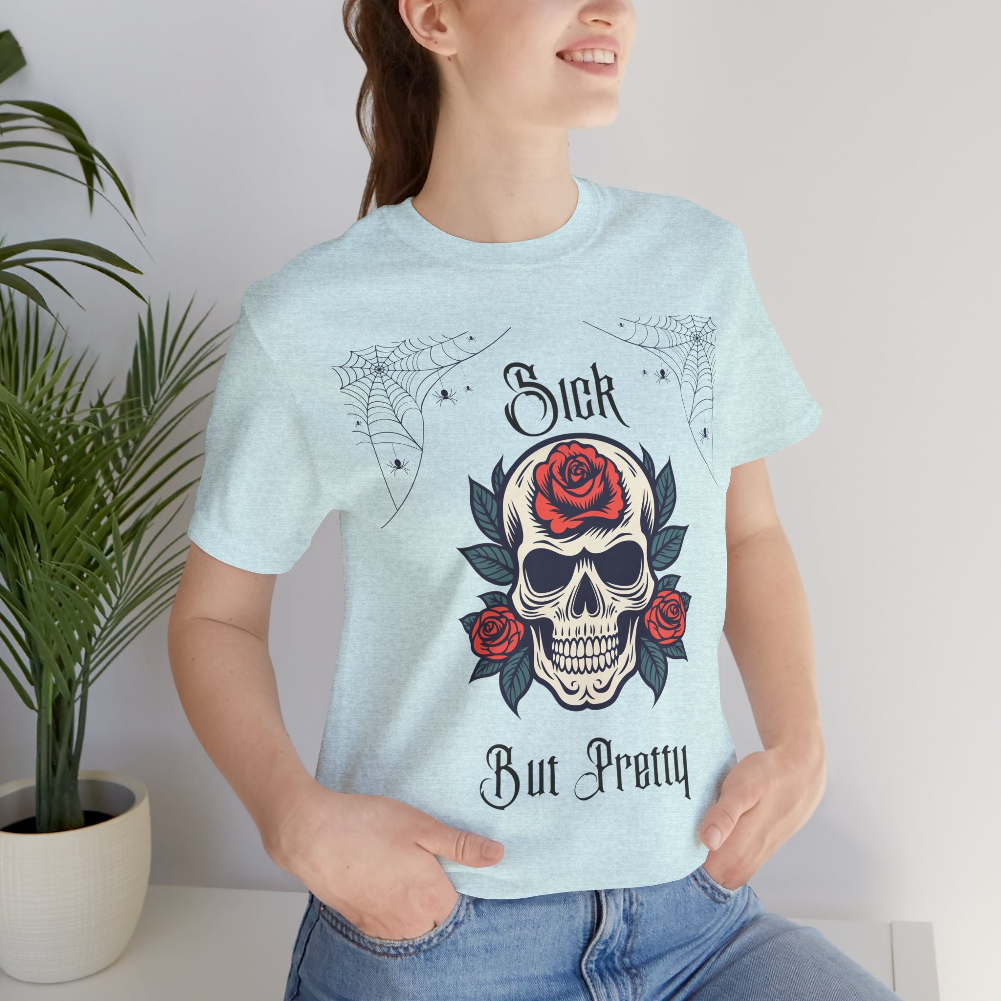 Black Skull & Spiderweb T-shirt by Printify featuring a gothic skull design on soft cotton fabric.