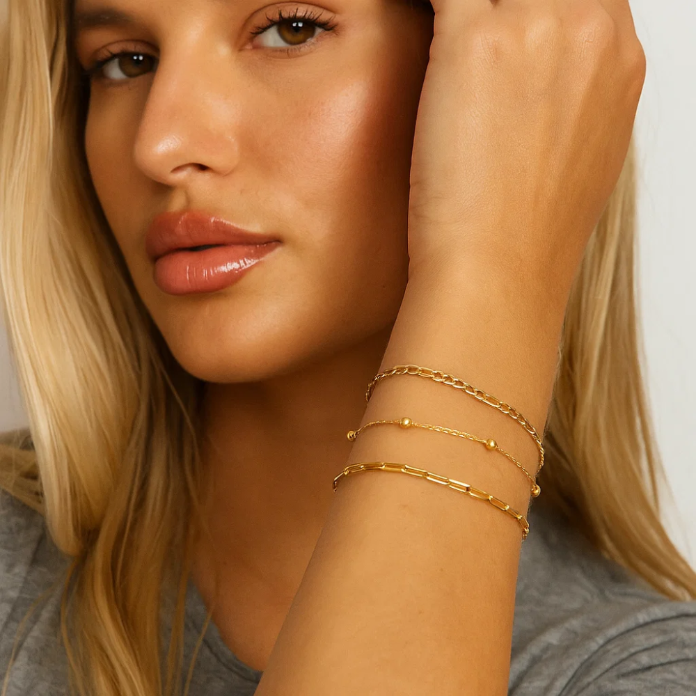 Adriana 3-Piece Stackable Bracelet Trio Set, Beaded, Figaro, Paperclip Link - Blackthorn 31