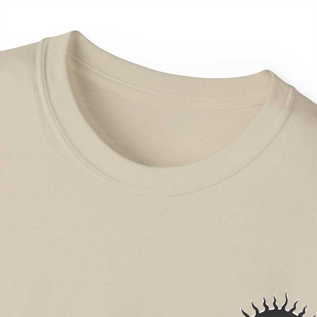 Damned Threads Beauties Bite unisex cotton T-shirt back view, casual black tee with graphic design, comfortable and stylish.