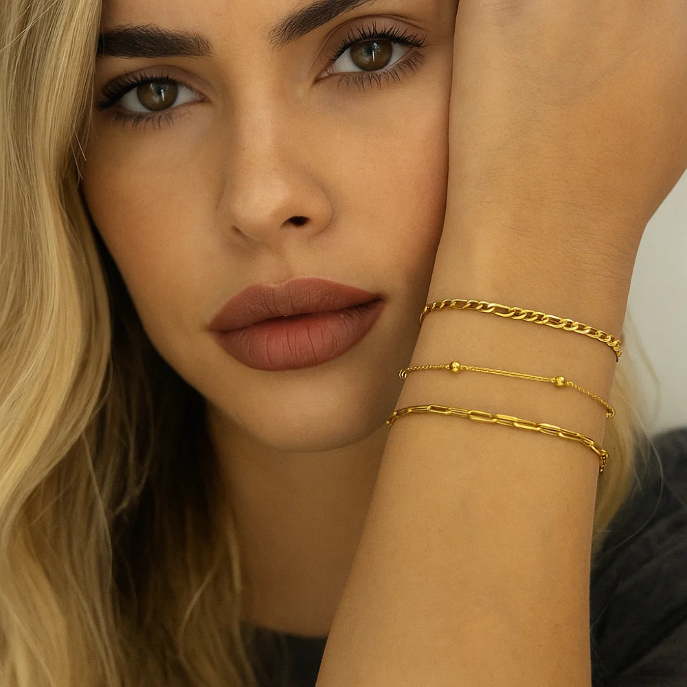 Adriana 3-Piece Stackable Bracelet Trio Set, Beaded, Figaro, Paperclip Link - Blackthorn 31