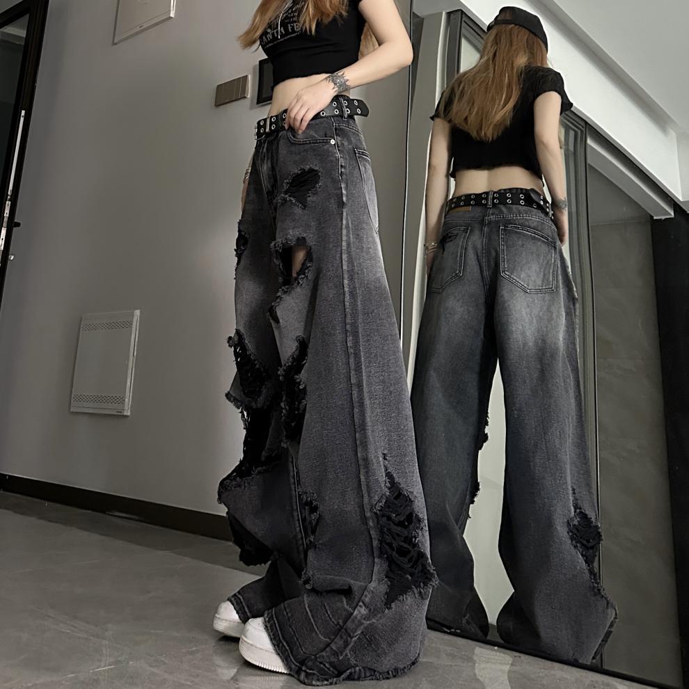 Dark black denim ripped wide leg jeans - Blackthorn 31