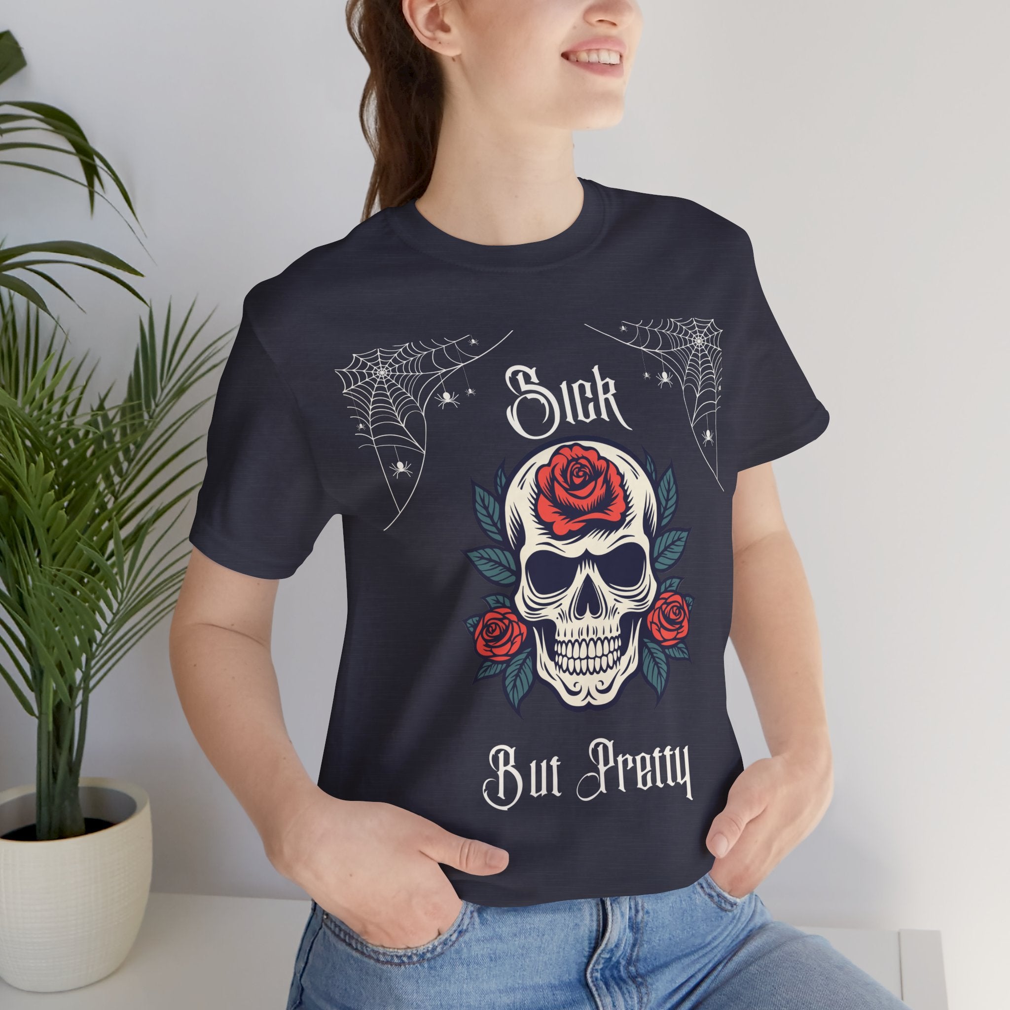 Black Skull and Spiderweb T-Shirt by Printify featuring a gothic design, with detailed skull and web graphics on the front.