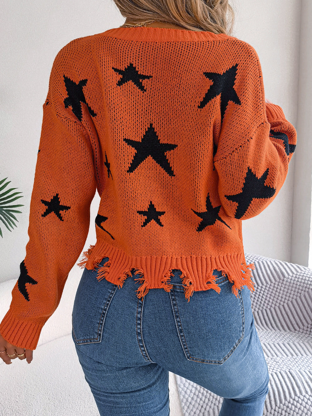 Women Casual V-Neck Star Distressed Long Sleeve Knit Sweater - Blackthorn 31