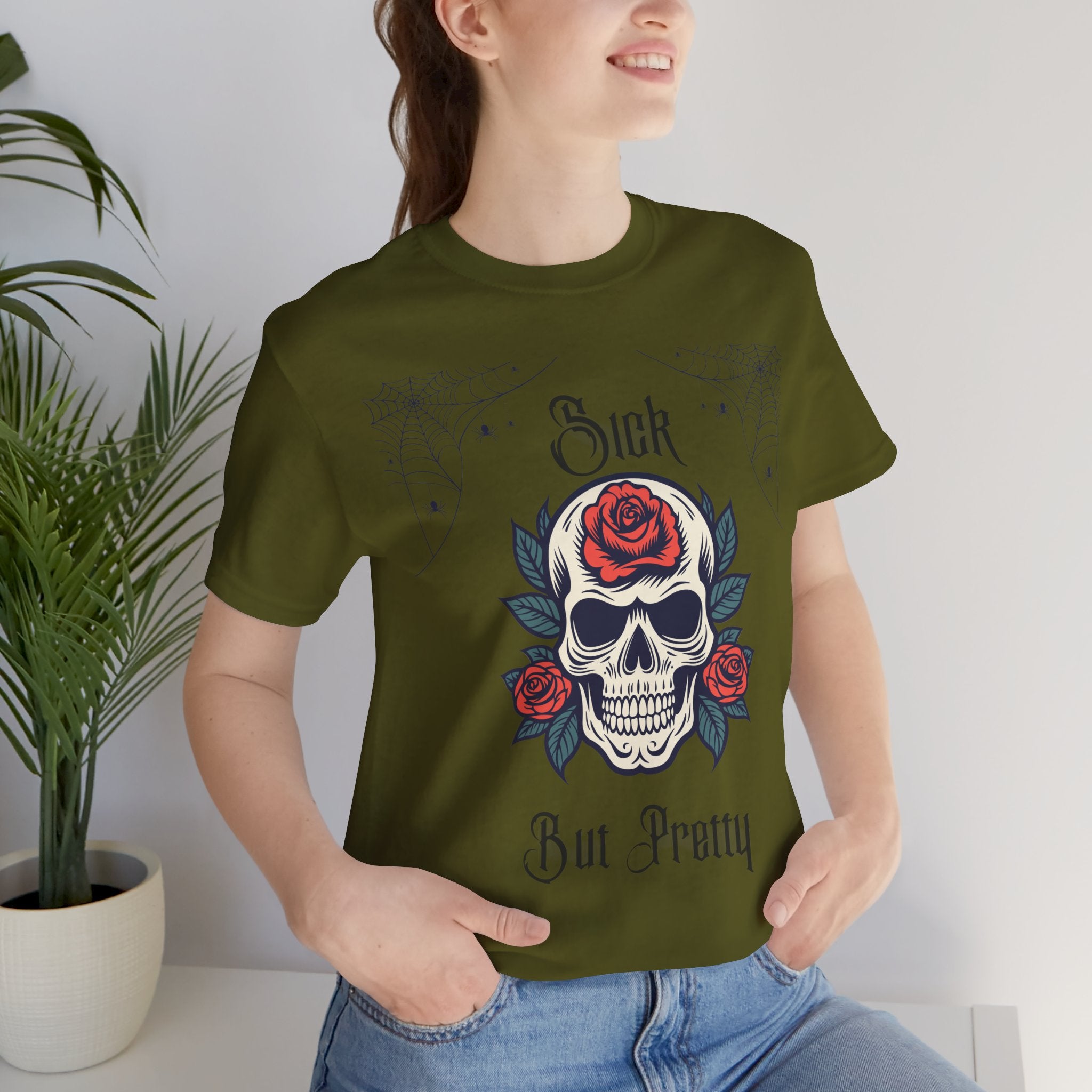 Black Skull and Spiderweb T-Shirt by Printify featuring a detailed skull design with spiderweb accents.