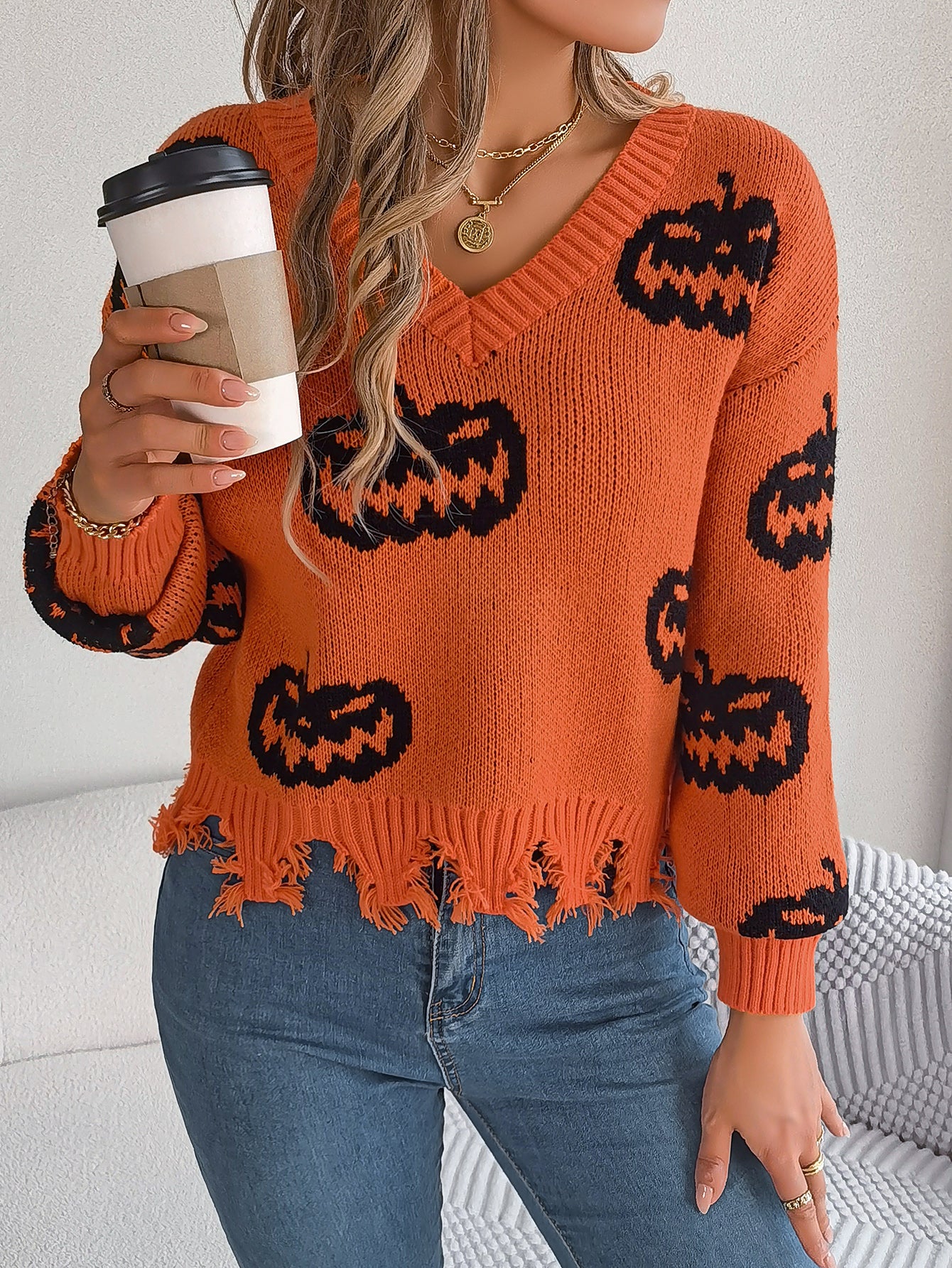 Women Color Block Pumpkin Distressed Long Sleeve Pullover Sweater - Blackthorn 31