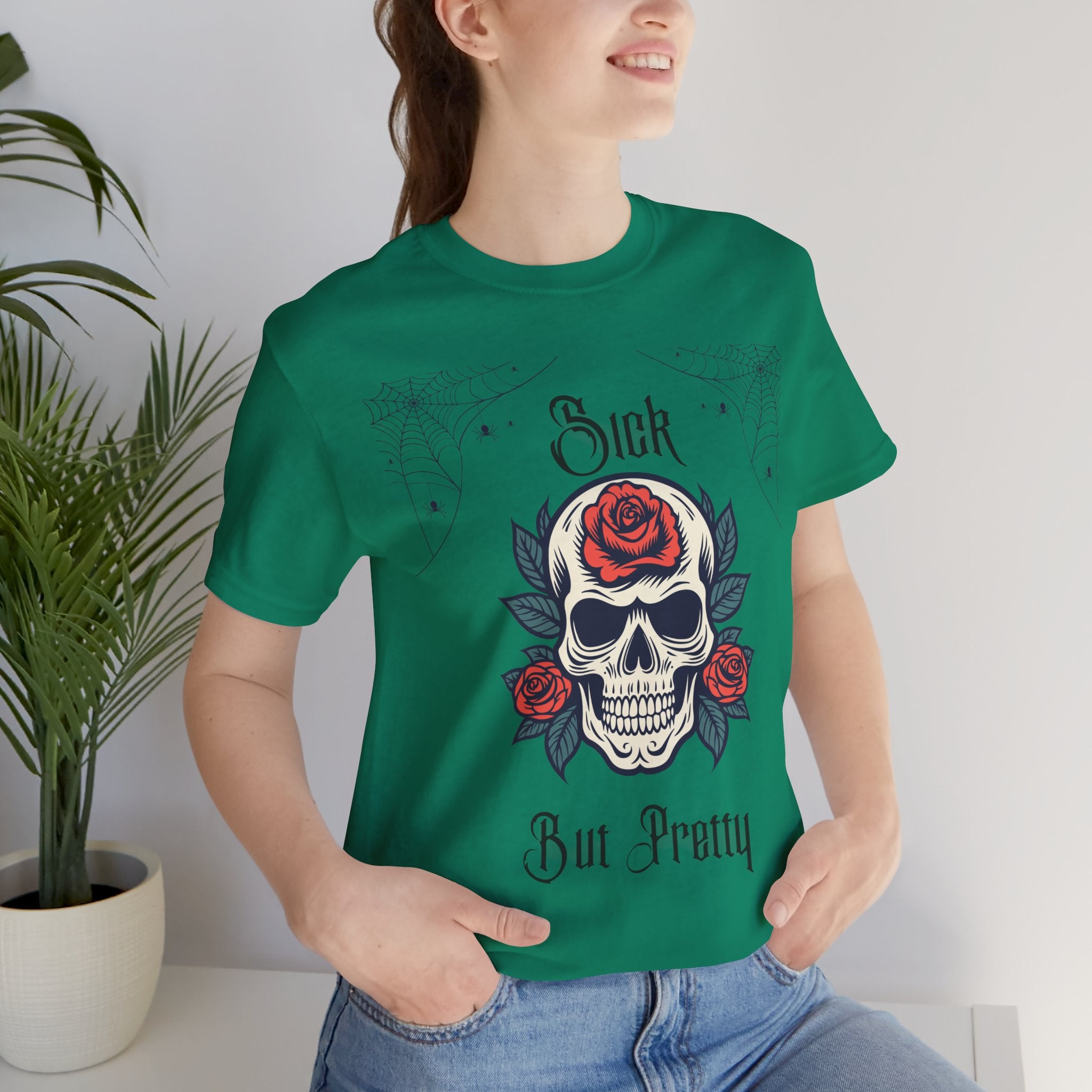 Black Skull and Spiderweb T-Shirt from Printify featuring a gothic design on soft cotton fabric.