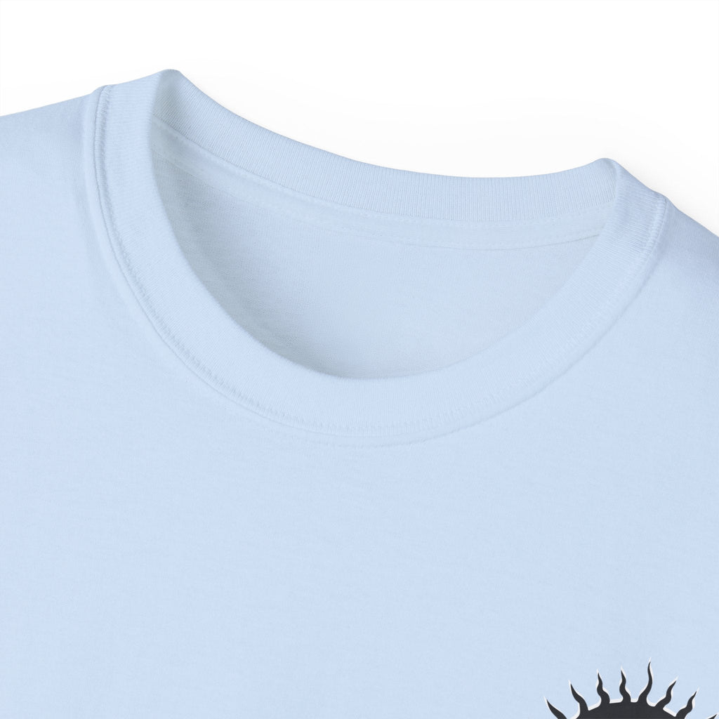 Unisex cotton T-shirt by Damned Threads with back design, shown from the rear view, in black with minimal branding.