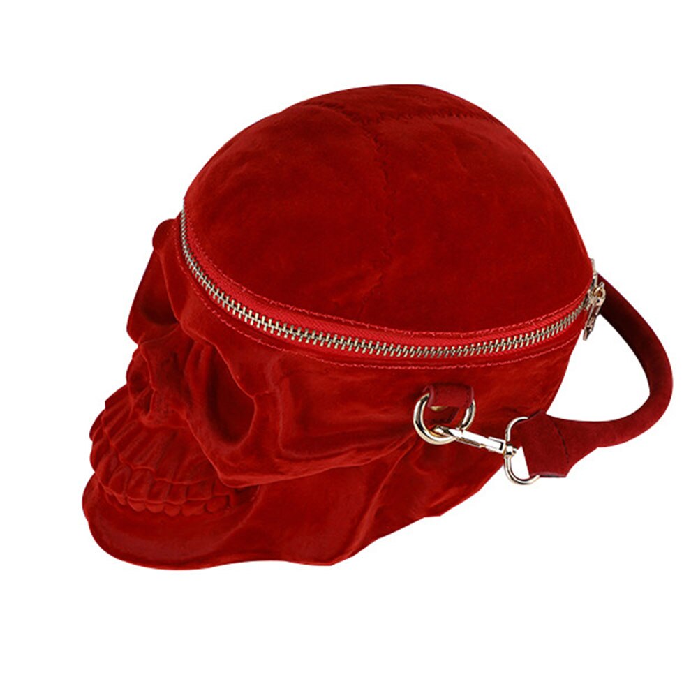Blackthorn 31 gothic velvet skull purse featuring a 3D black skull design, zipper closure, shoulder strap, ideal for goth fashion accessories.