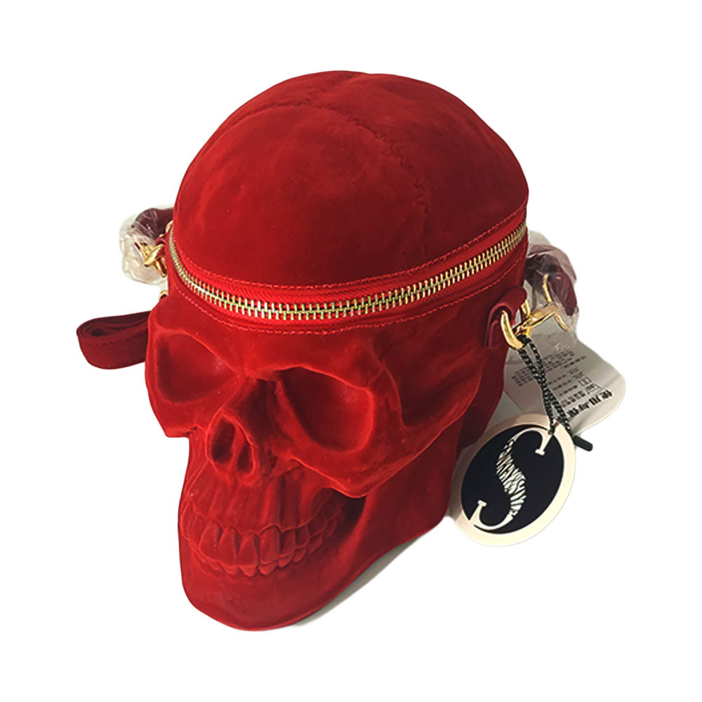 Blackthorn 31 Gothic velvet skull purse with 3D design, black zipper, portable shoulder tote, perfect for goth style accessories.