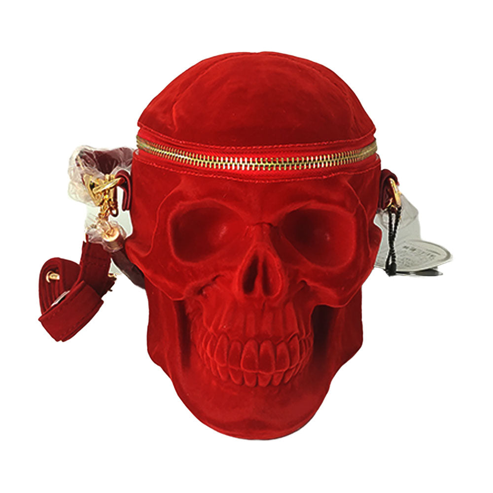 Blackthorn 31 Gothic velvet skull purse with 3D design, black zipper, portable shoulder tote, featuring a skull motif for goth style.