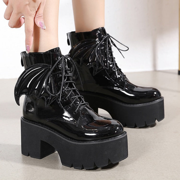 Blackthorn 31 goth ankle boots with high heels, patent leather finish, platform design, women's fashion footwear.