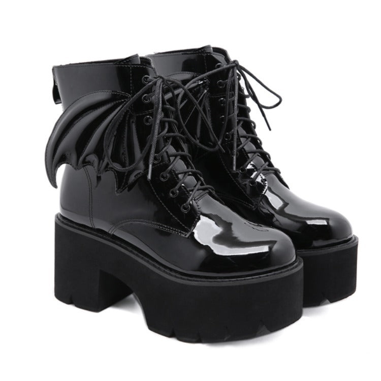 Blackthorn 31 goth ankle boots with high heels, patent leather finish, platform design, women's footwear for edgy style.