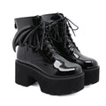 Blackthorn 31 goth ankle boots with high heels, patent leather finish, platform design, women's footwear for edgy style.