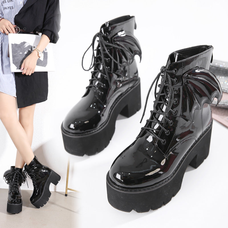 Blackthorn 31 goth ankle boots with high heels, patent leather, and platform design for women.