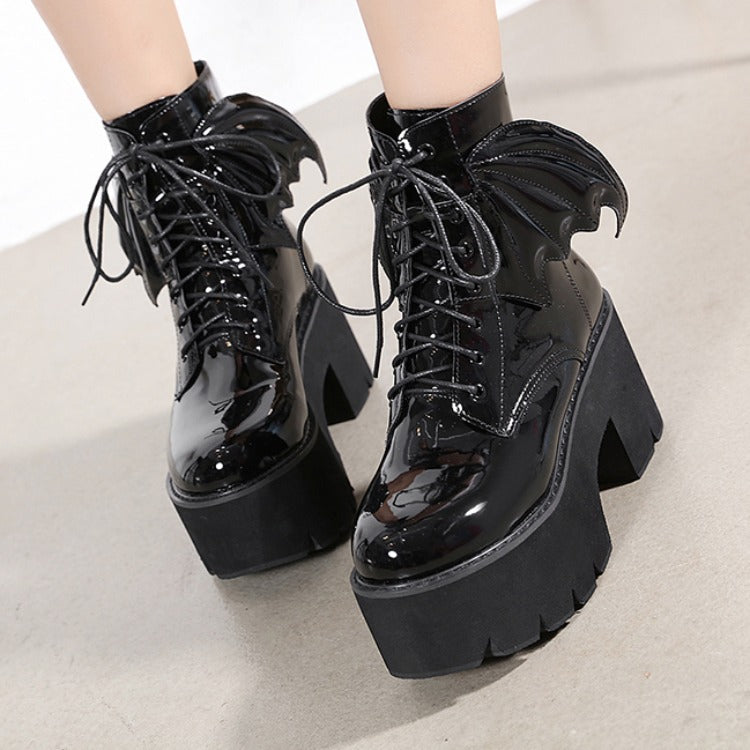 Blackthorn 31 goth ankle boots with high heels, patent leather finish, platform design, women's stylish footwear.