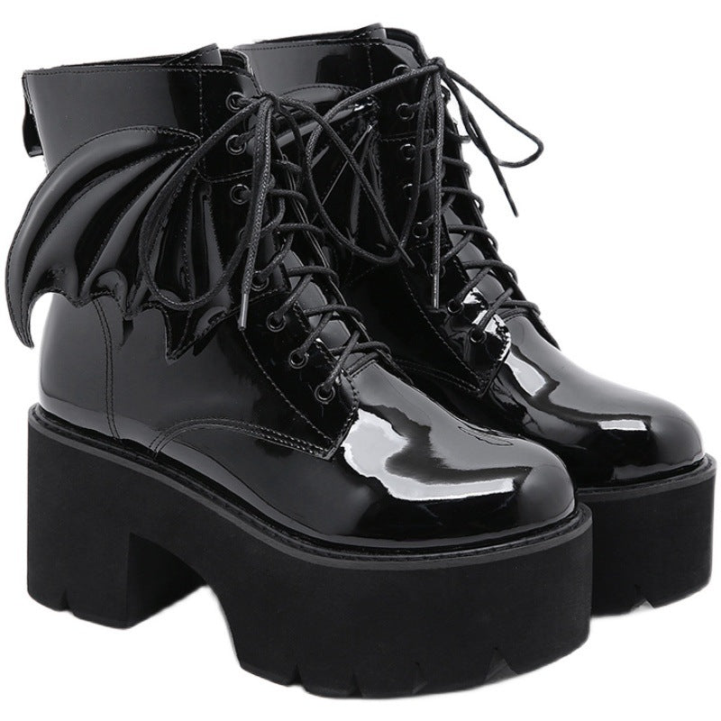 Blackthorn 31 goth ankle boots with high heels, patent leather finish, platform design, women's footwear.