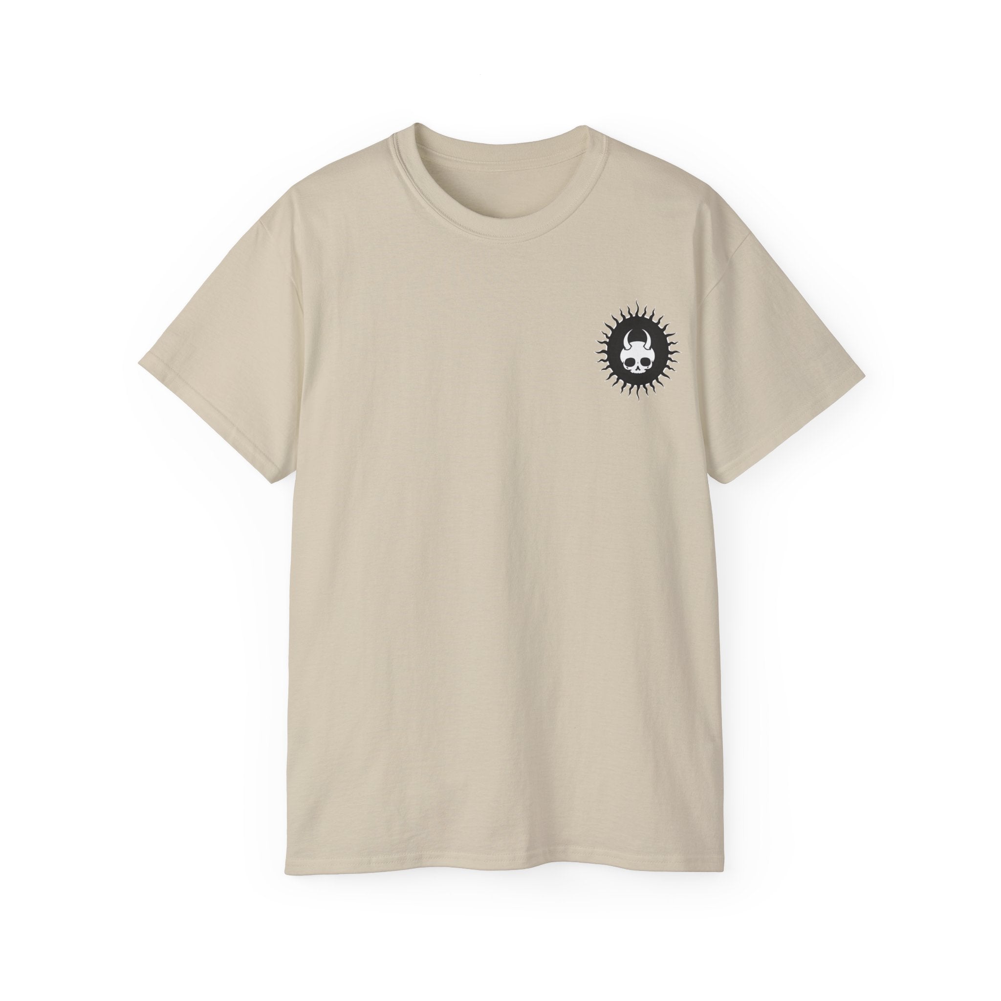 Damned Threads Beauties Bite unisex cotton T-shirt back view, soft fabric and relaxed fit with graphic design on the back.
