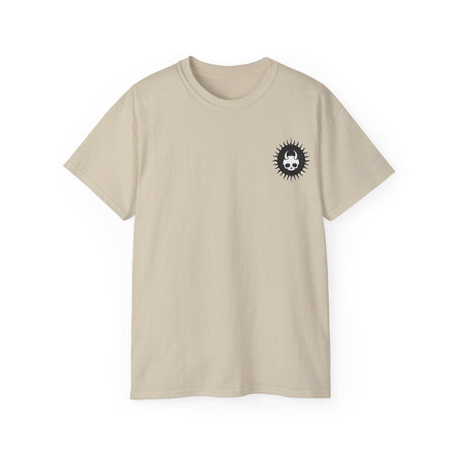Damned Threads Beauties Bite unisex cotton T-shirt back view, soft fabric and relaxed fit with graphic design on the back.