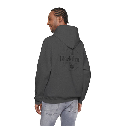 Blackthorn logo hoodie by Printify featuring a simple black sweatshirt with a minimal logo design on the front.