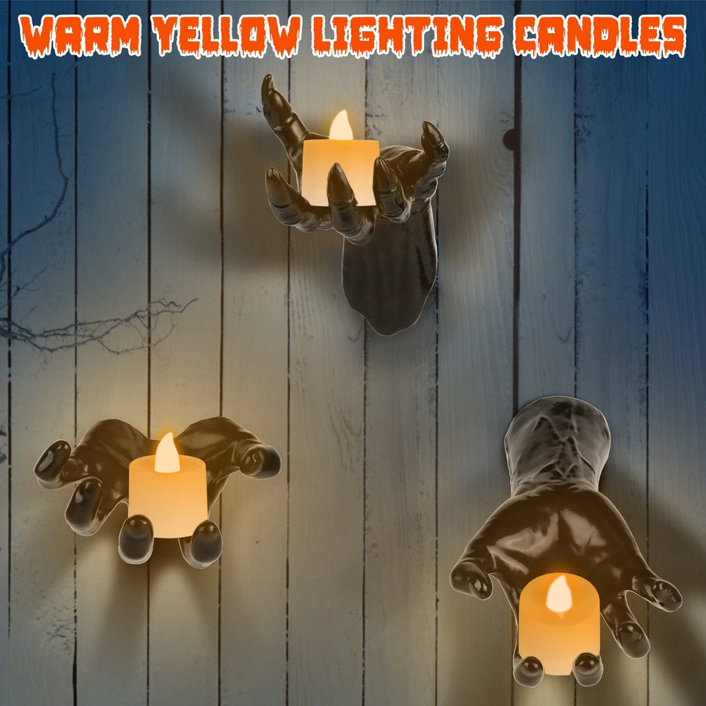 3Pcs Creepy Reaching Hands With Lighted Candles Wall Mounted Halloween Decoration Witch Devil Hand Aesthetic Goth Gothic Life Sized Horror Hands Hanging Sculpture - Blackthorn 31