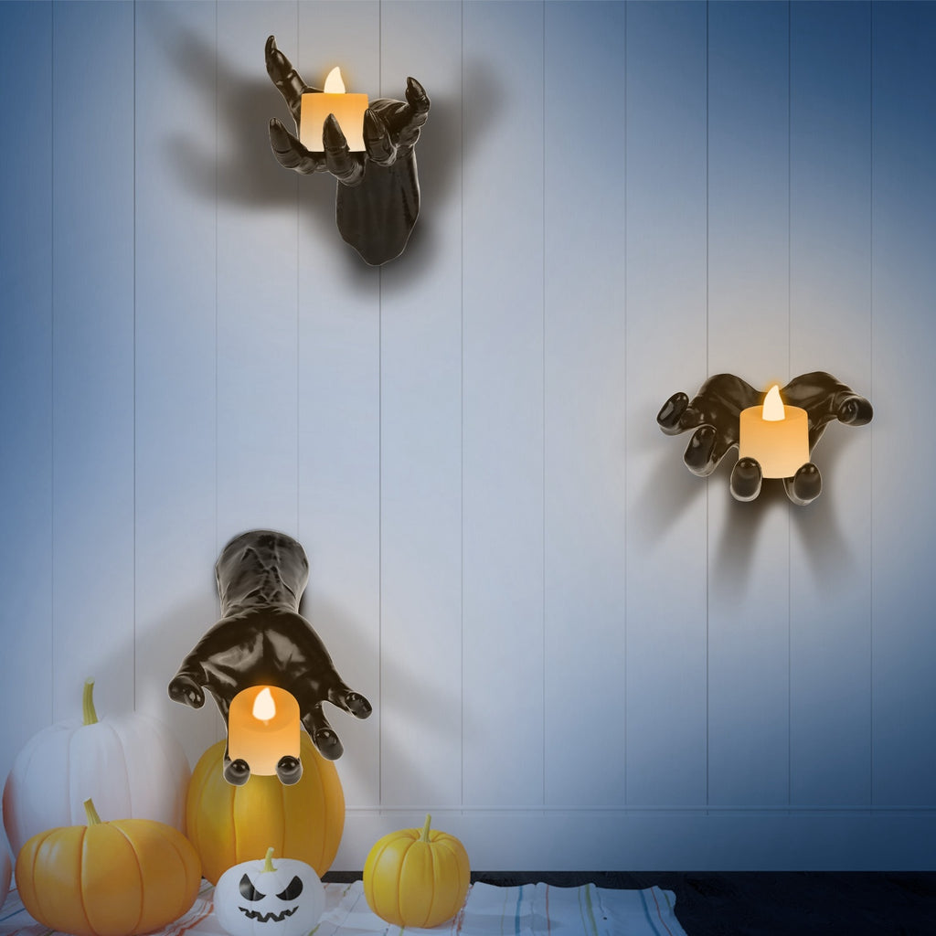 3Pcs Creepy Reaching Hands With Lighted Candles Wall Mounted Halloween Decoration Witch Devil Hand Aesthetic Goth Gothic Life Sized Horror Hands Hanging Sculpture - Blackthorn 31