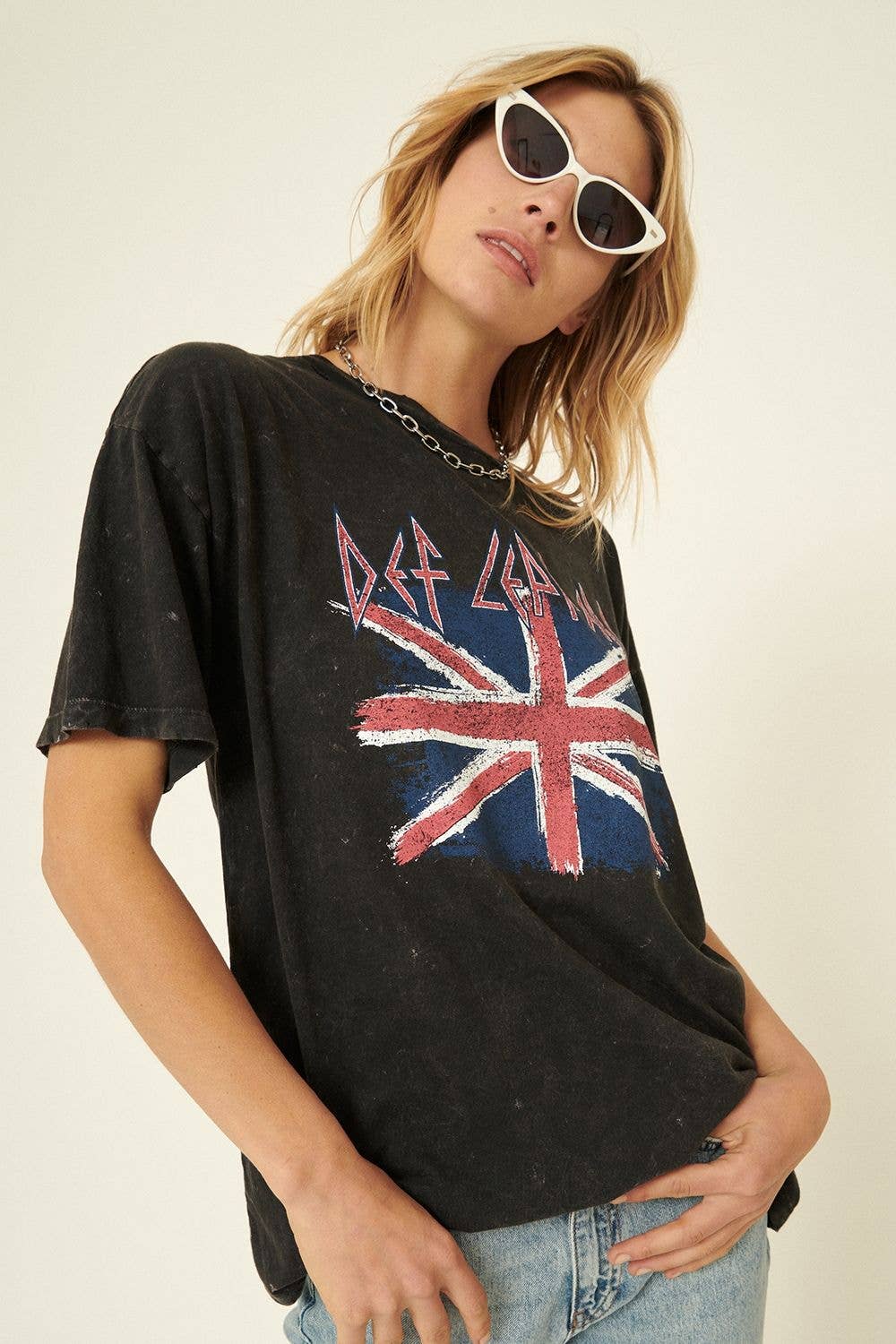 Rosie Karma Def Leppard Union Jack distressed graphic tee shirt featuring bold band logo and British flag design.