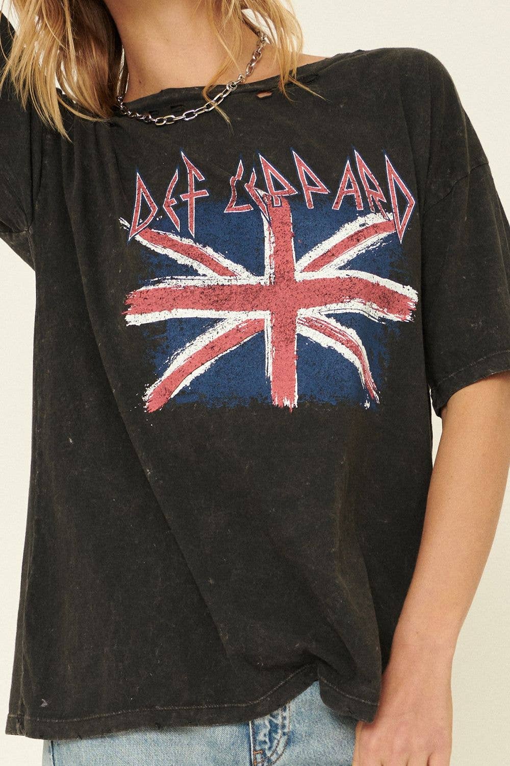 Rosie Karma Def Leppard Union Jack distressed graphic T-shirt featuring bold band logo and British flag design on front.