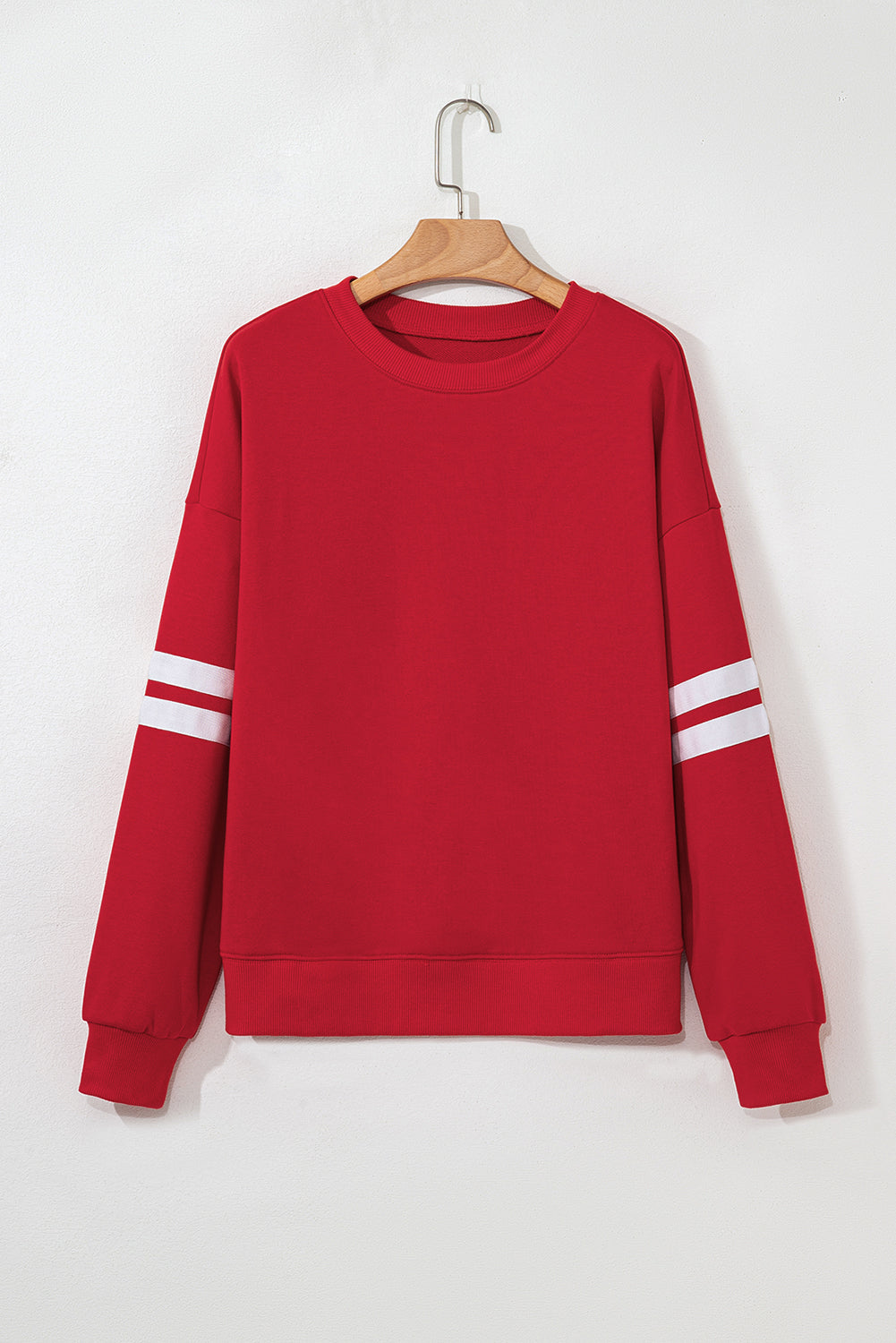 Fiery Red Preppy Striped Sleeve Loose Sweatshirt Casual