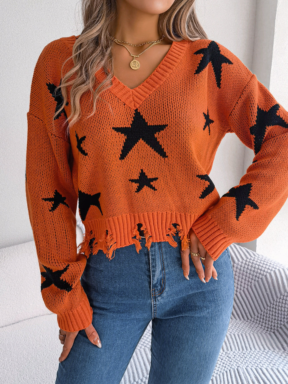 Women Casual V-Neck Star Distressed Long Sleeve Knit Sweater - Blackthorn 31