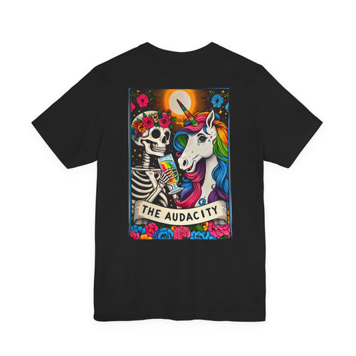 Audacity tarot card limited edition T-shirt by Printify featuring a detailed tarot card design on a black fabric background.