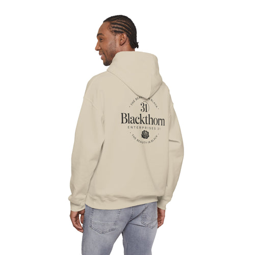 Blackthorn Logo Hoodie by Printify, a black sweatshirt with a simple white logo on the front, casual and comfortable for everyday wear.