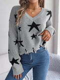 Women Casual V-Neck Star Distressed Long Sleeve Knit Sweater - Blackthorn 31
