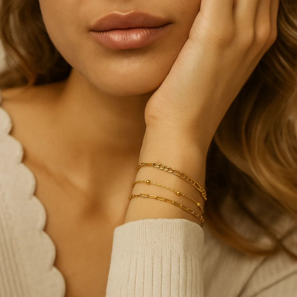 Adriana 3-Piece Stackable Bracelet Trio Set, Beaded, Figaro, Paperclip Link - Blackthorn 31