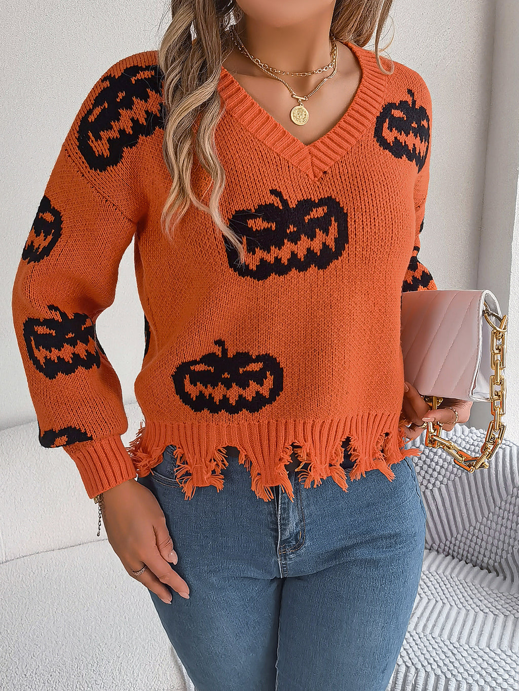 Women Color Block Pumpkin Distressed Long Sleeve Pullover Sweater - Blackthorn 31