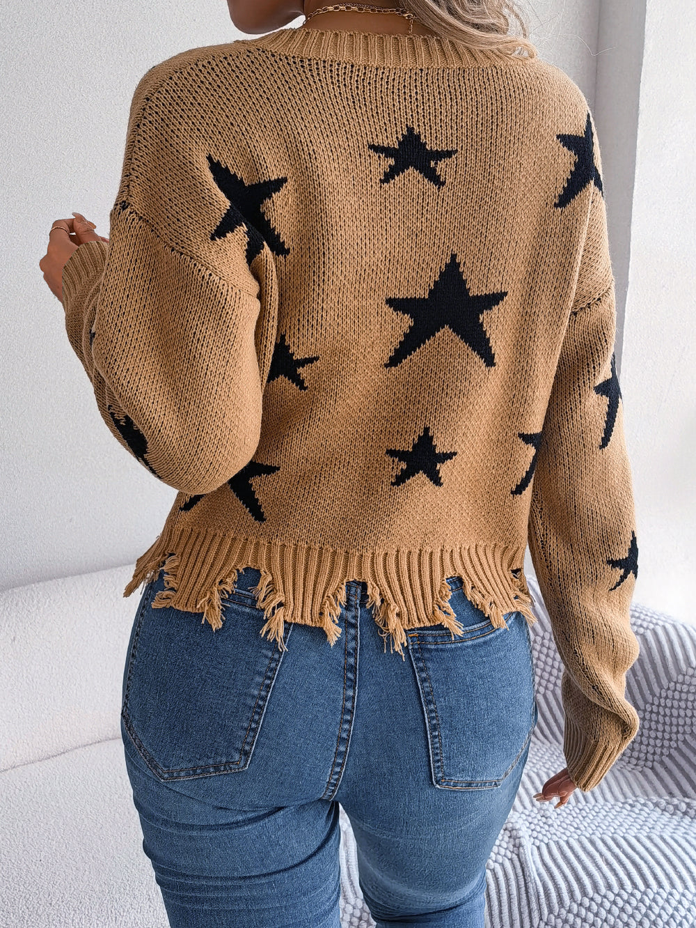 Women Casual V-Neck Star Distressed Long Sleeve Knit Sweater - Blackthorn 31