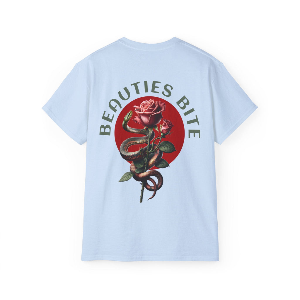 Damned Threads Beauties Bite unisex cotton T-shirt back view featuring a simple, stylish design on a white t-shirt.