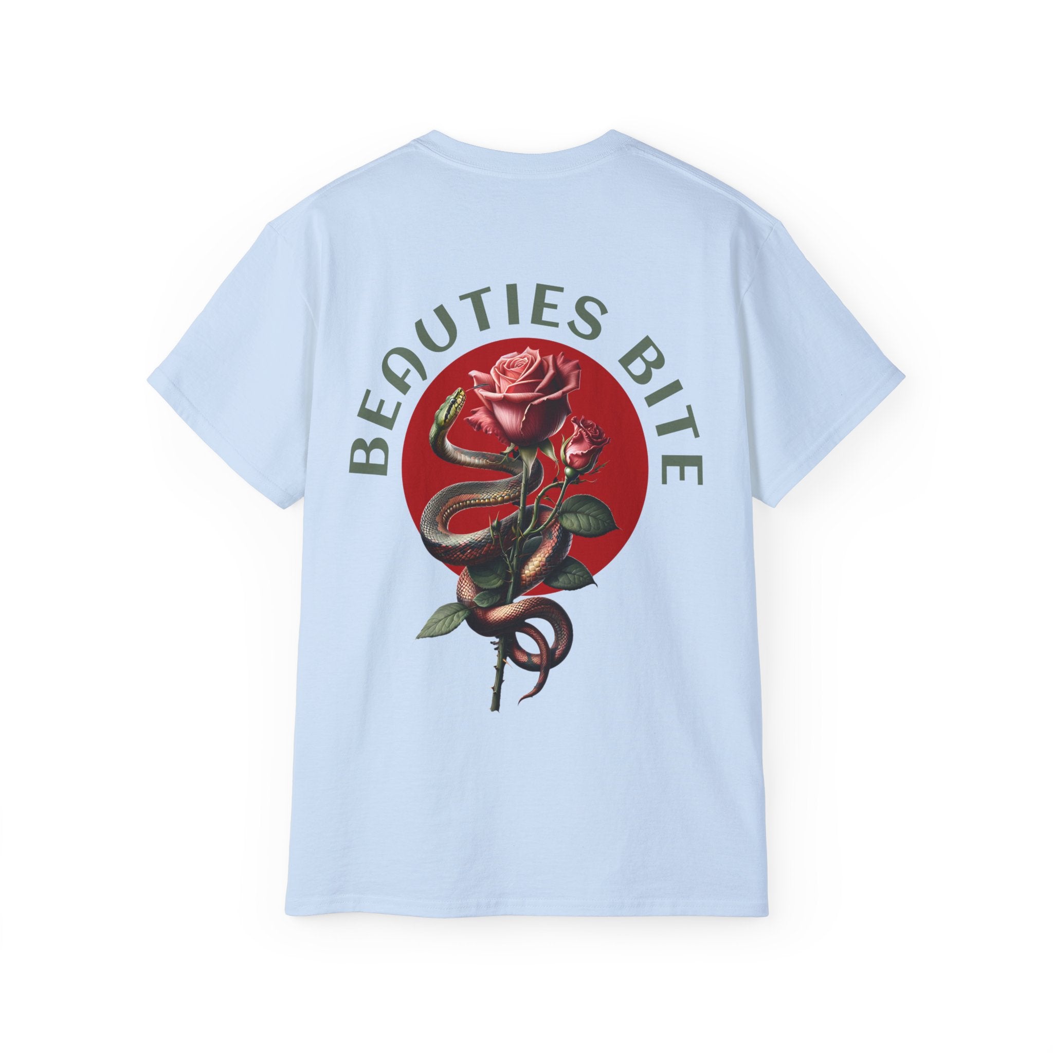 Damned Threads Beauties Bite unisex cotton T-shirt back view featuring a simple, stylish design on a white t-shirt.