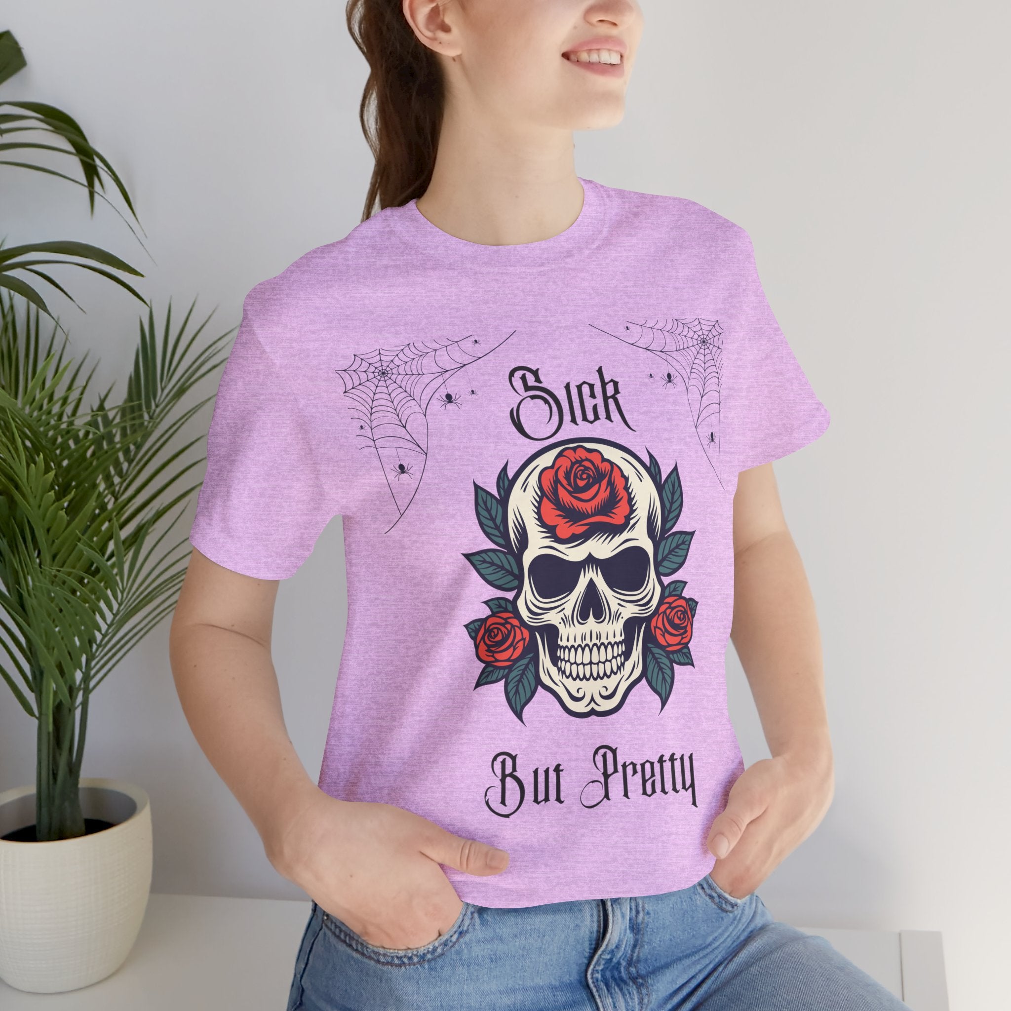 Black Skull & Spiderweb T-Shirt by Printify featuring a gothic design on soft cotton fabric.