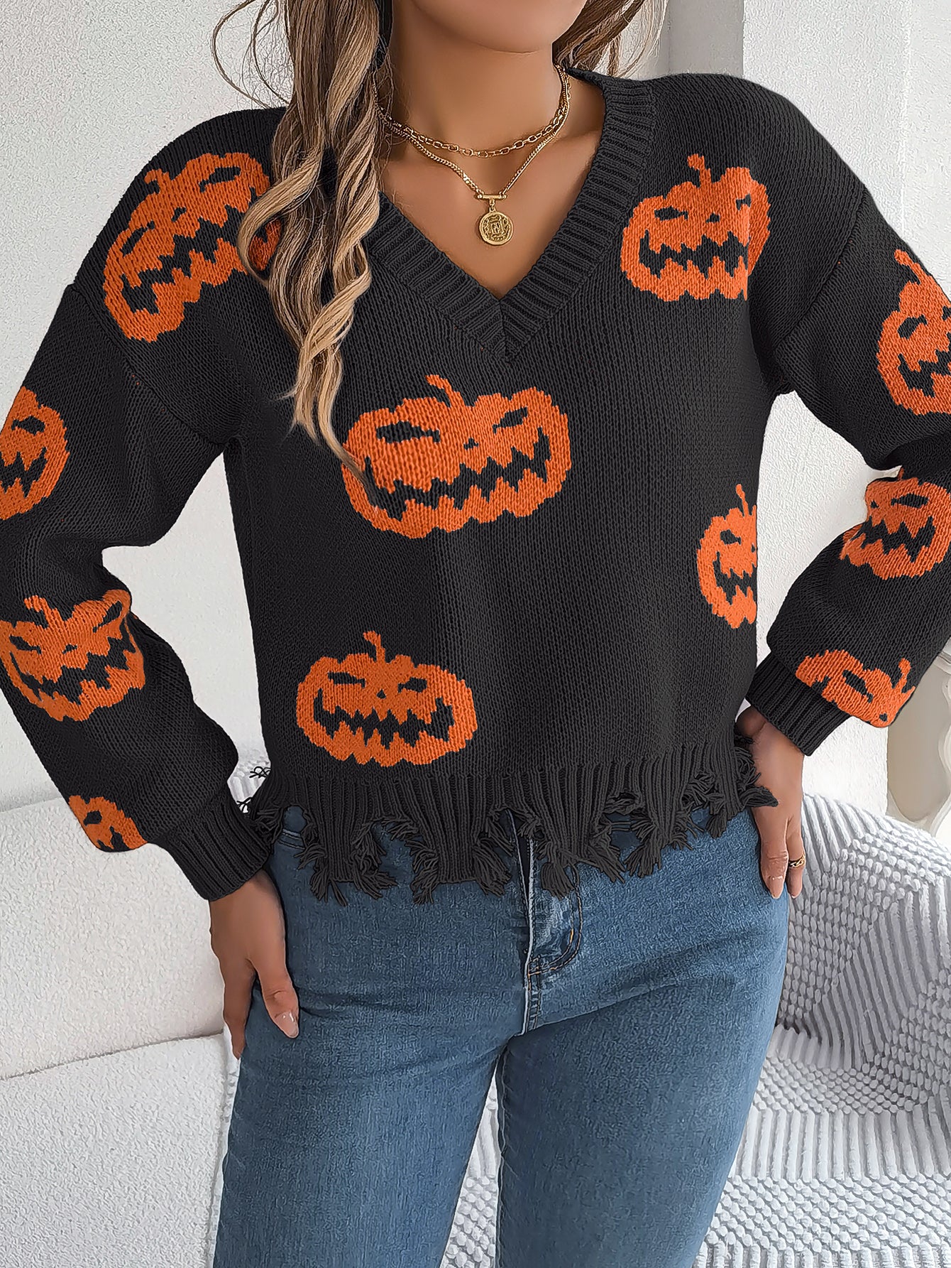 Women Color Block Pumpkin Distressed Long Sleeve Pullover Sweater - Blackthorn 31