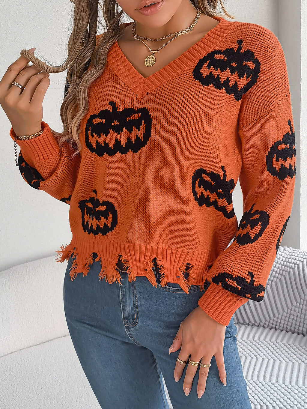 Women Color Block Pumpkin Distressed Long Sleeve Pullover Sweater - Blackthorn 31