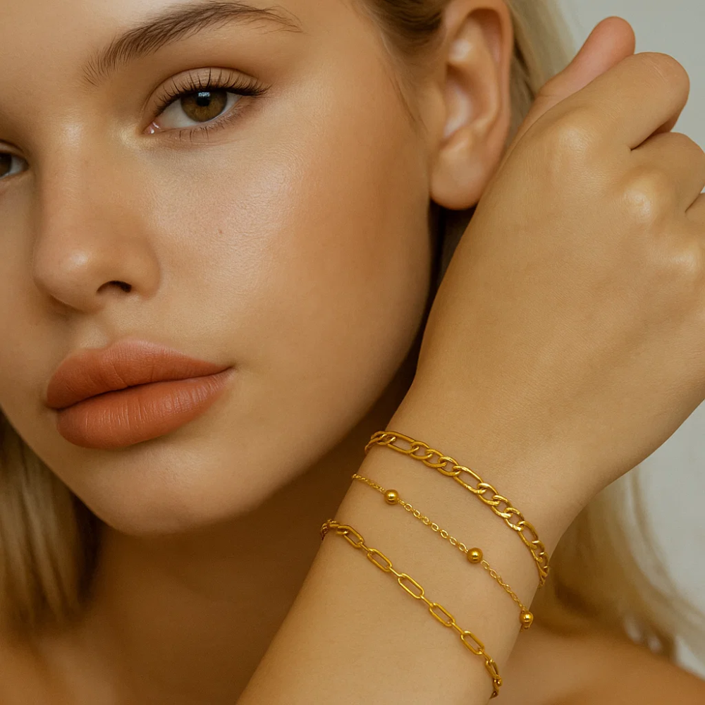 Adriana 3-Piece Stackable Bracelet Trio Set, Beaded, Figaro, Paperclip Link - Blackthorn 31