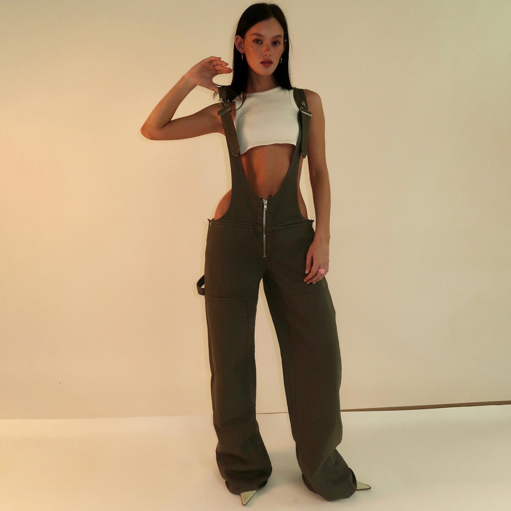 Blackthorn 31 Y2K zipper denim overalls with pockets, loose fit suspenders, streetwear style jeans pants for women