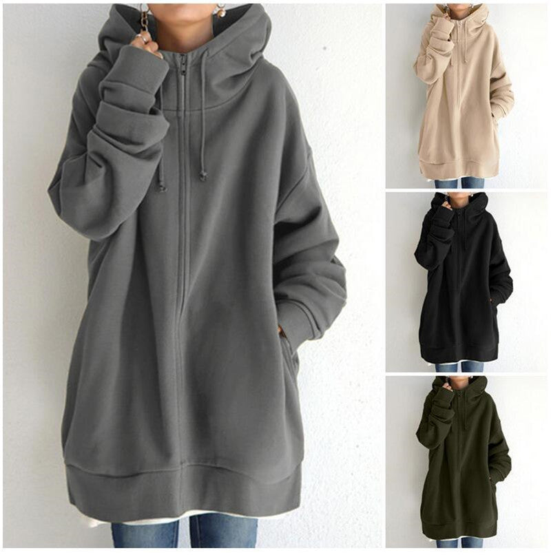 Oversized S-5XL Women Loose Hooded Coats Autumn Female Tie Collar Long Sleeve Zipper Up Add Velvet Long Sweatshirt - Blackthorn 31