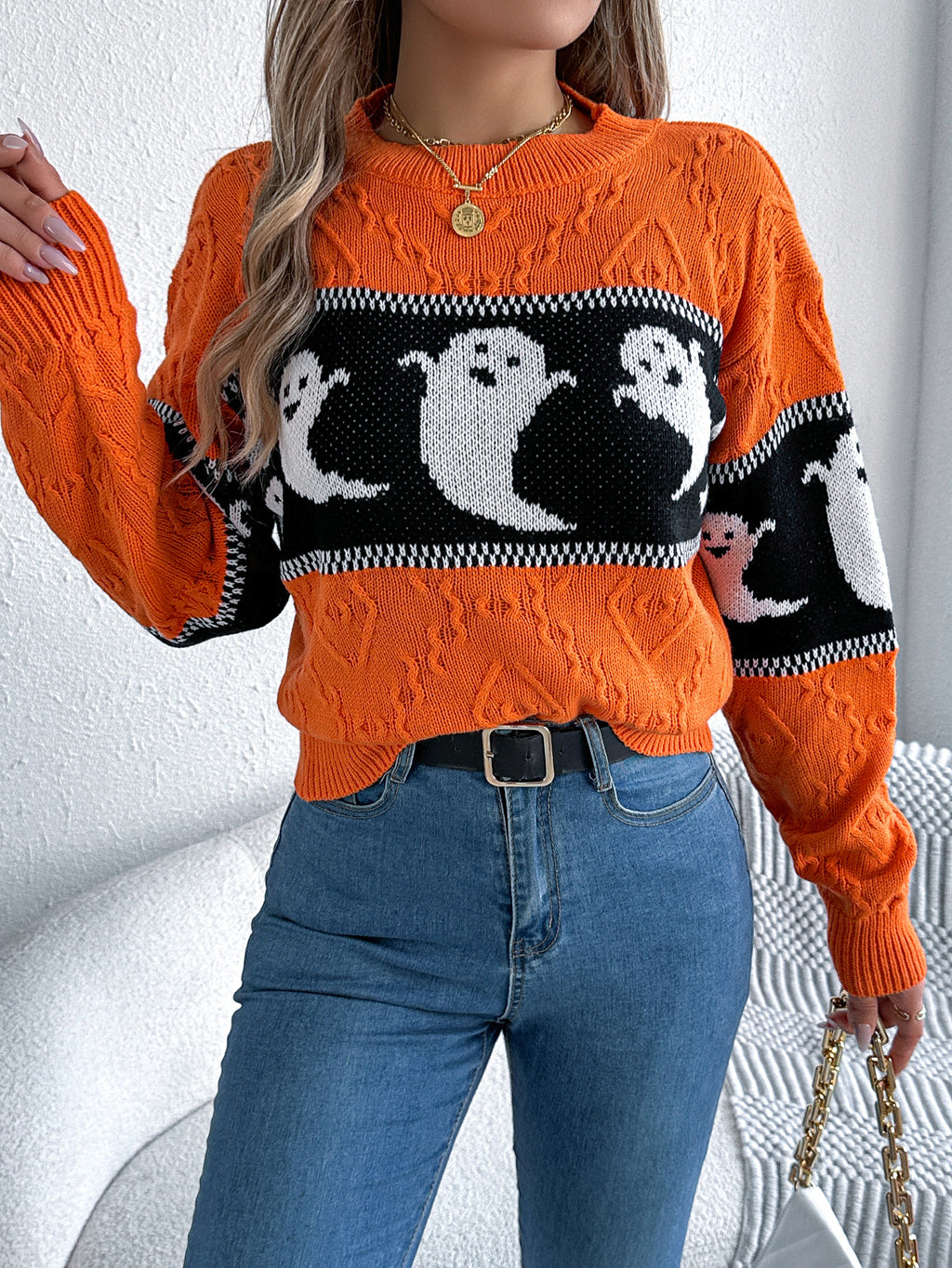 Women Ghost Color Block Long Sleeve Pullover Sweater - Blackthorn 31