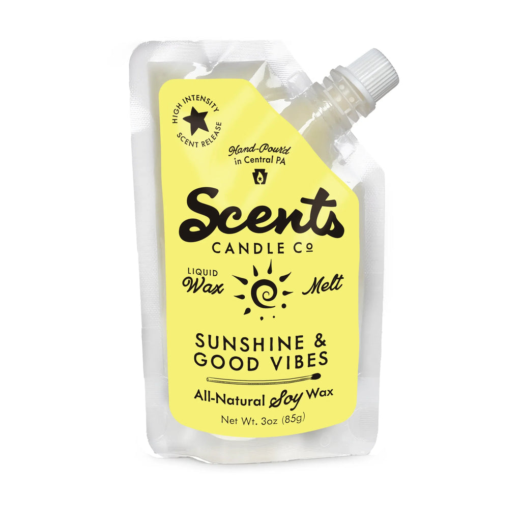 Three-ounce squeeze bottle of Sunshine & Good Vibes liquid wax melts by Scents Candle Co. in clear packaging.