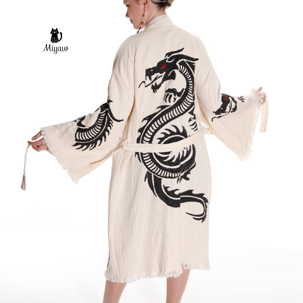 Boho Cotton Bath Robe – Organic Cotton Kimono Robe for Women, Dragon Gown & Beach Cover Ups - Blackthorn 31