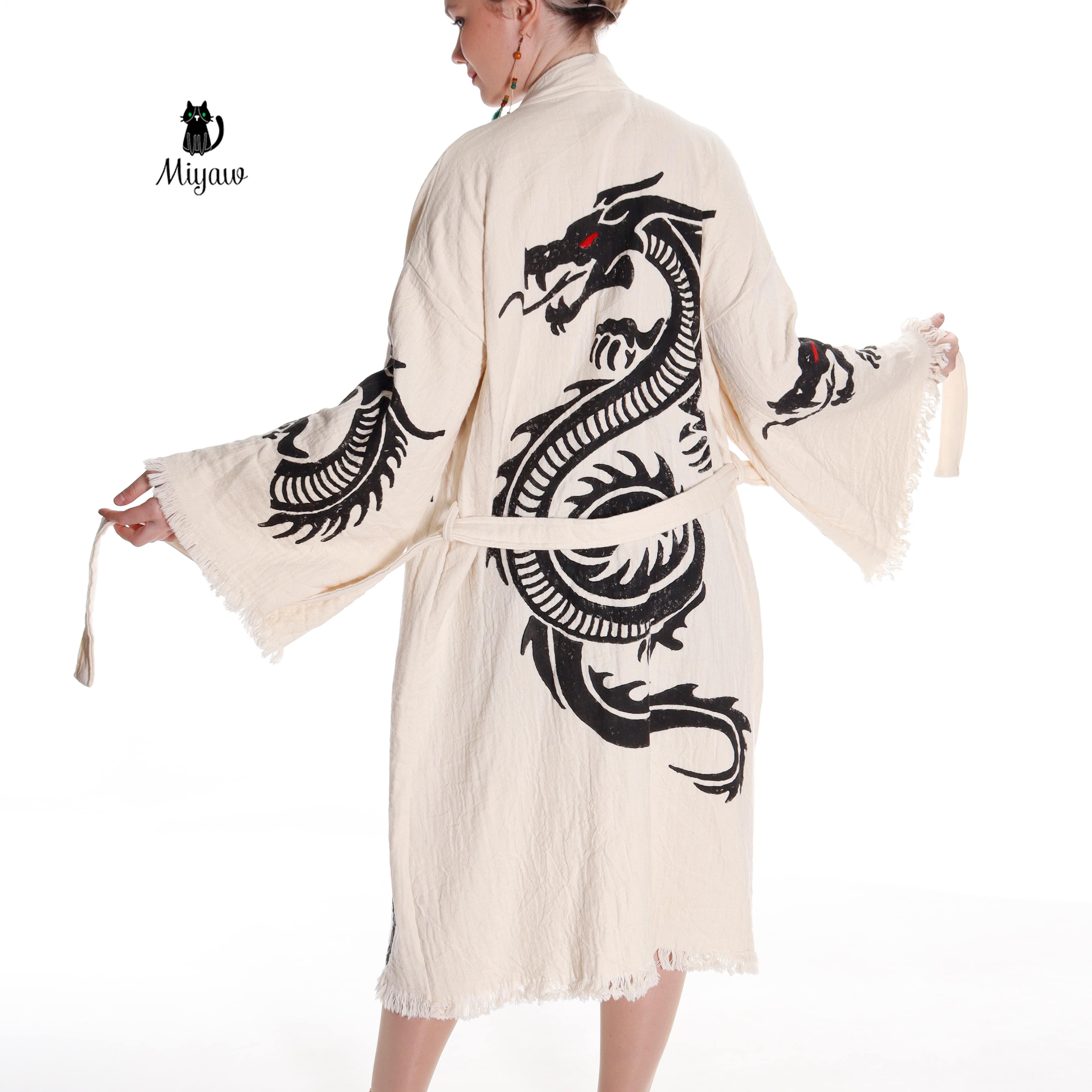 Boho Cotton Bath Robe – Organic Cotton Kimono Robe for Women, Dragon Gown & Beach Cover Ups